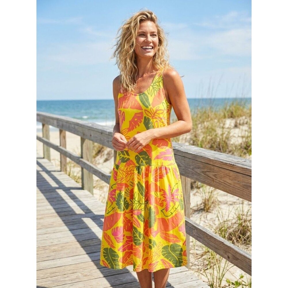 Vintage 80s Yellow Hawaiian Sundress Medium Tropical Floral Racerback Sun Beach